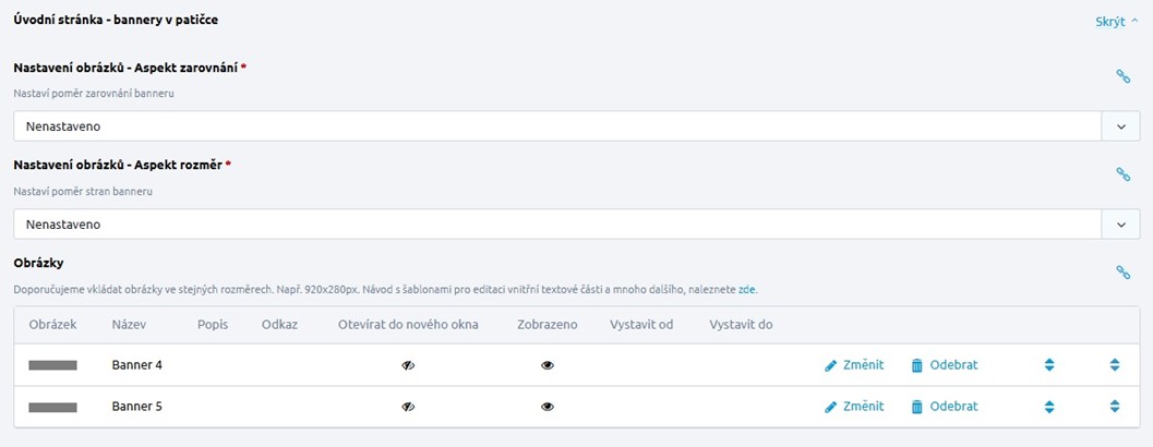 Bannery nad patičkou – administrace