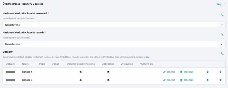 Bannery nad patičkou – administrace